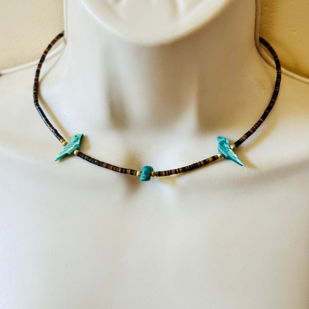 VTG Zuni Necklace Bird Abalone Turquoise Heishi Beaded Carved Fetish Choker 15"